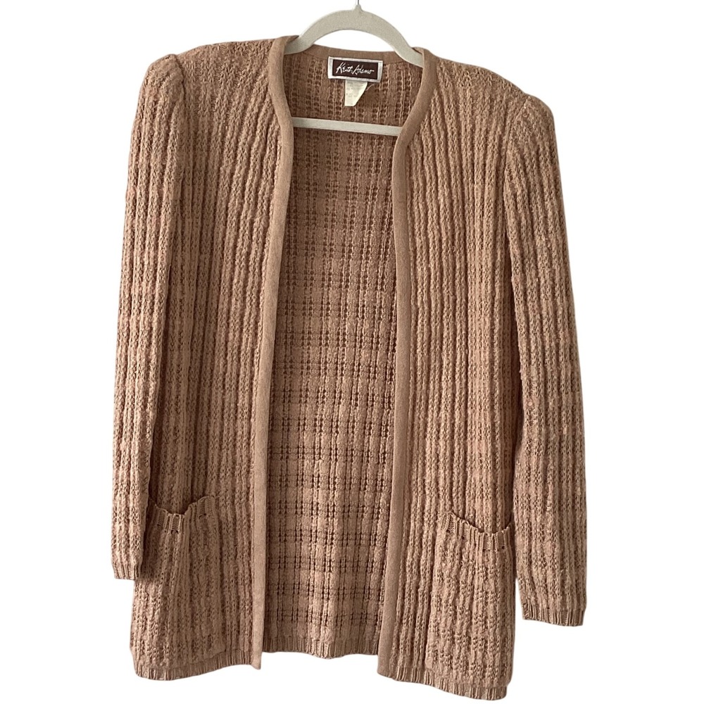 Keith Adams Vintage‎ Open Front Cardigan Sweater Tan Knit Longline Pockets M USA
